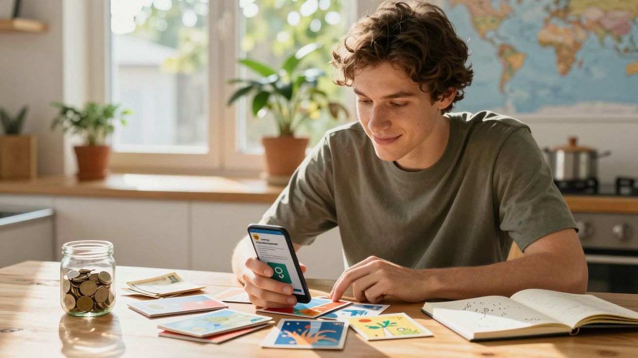 Jovem usando celular para organizar finanças com cartões coloridos e um pote de moedas na mesa da cozinha.