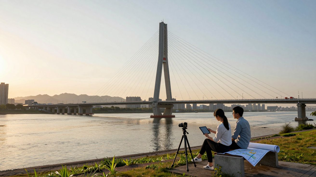 Casal sentado à beira do rio com câmera, mapas e ponte ao fundo ao pôr do sol.