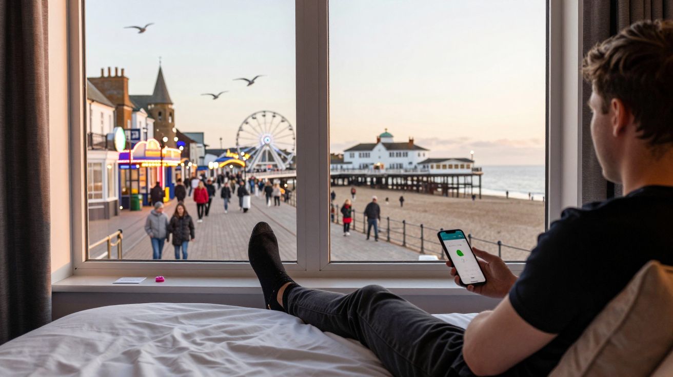 Jovem sentado na cama olhando para o celular com vista de cais, praia e roda-gigante ao entardecer.