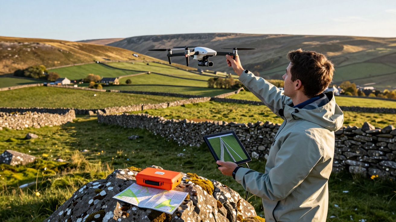 Homem lançando drone em área rural com tablet na mão e mapas sobre pedra à frente.