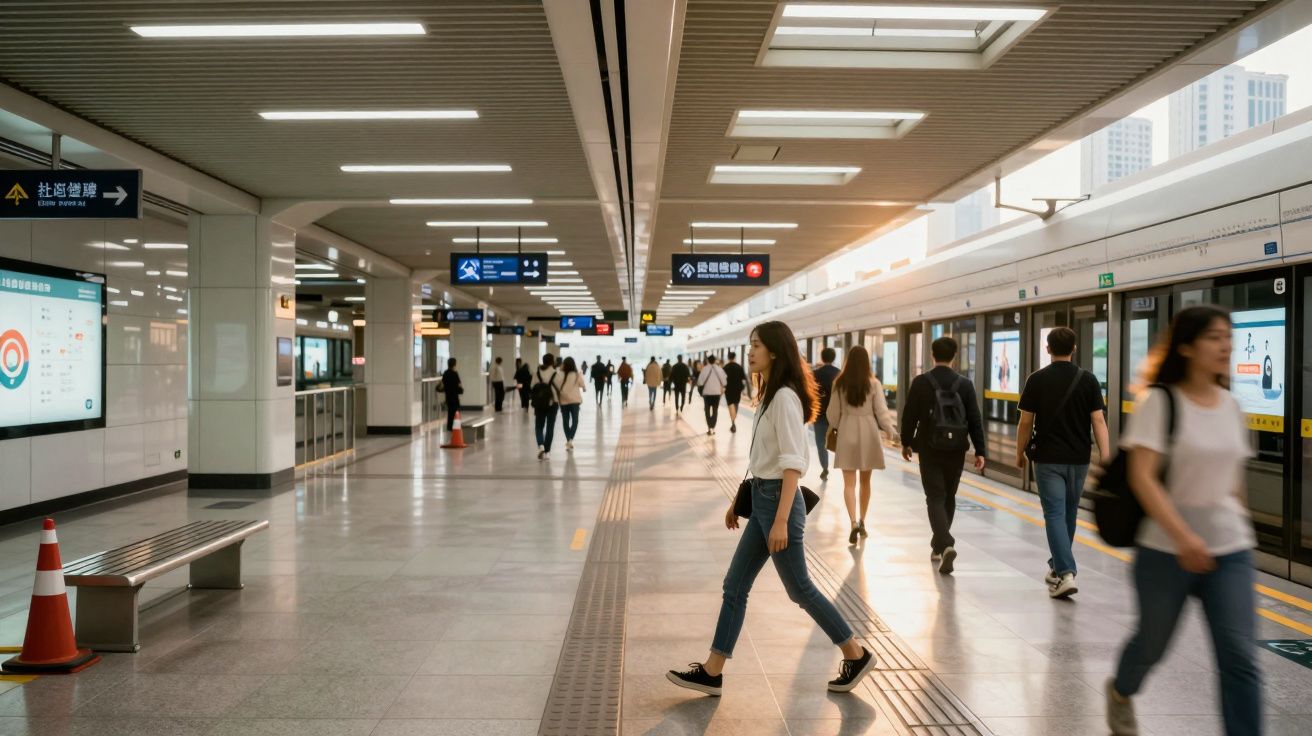 Estação de metrô moderna com pessoas caminhando na plataforma ao lado do trem estacionado.