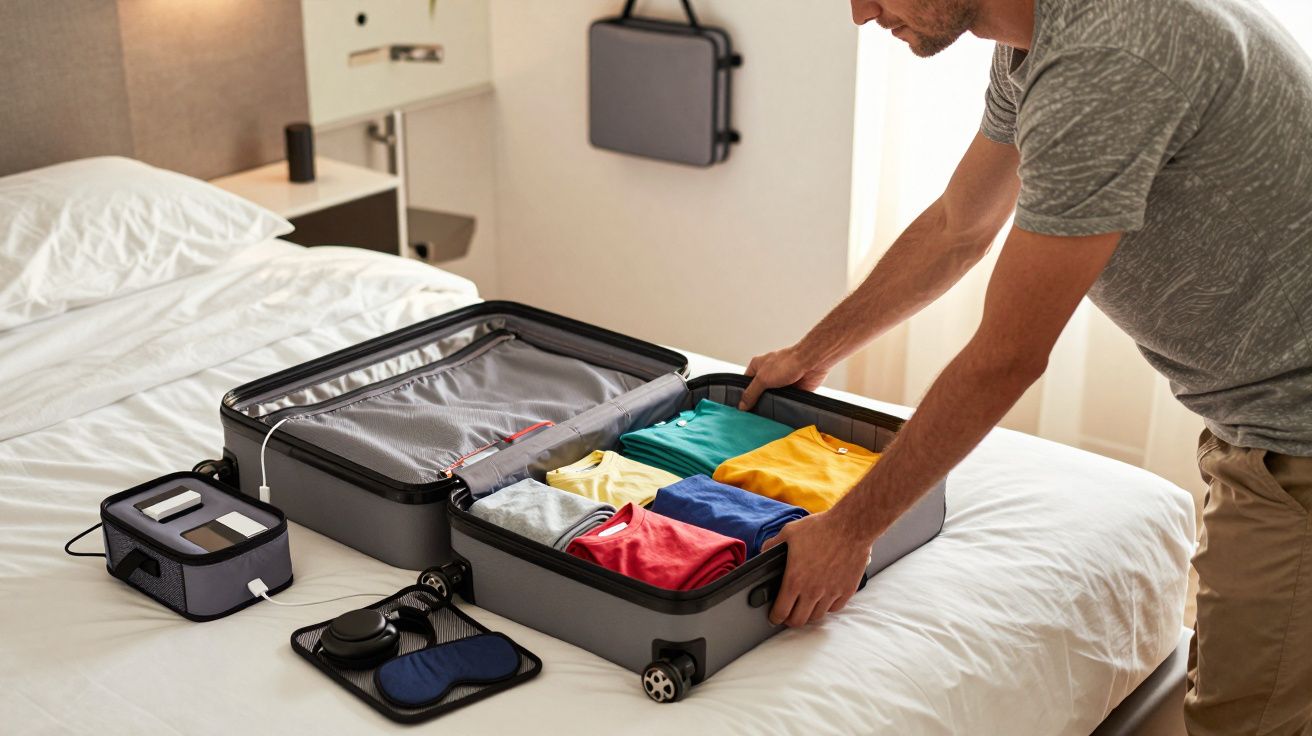 Homem organizando roupas coloridas dentro de mala aberta sobre cama em quarto claro.