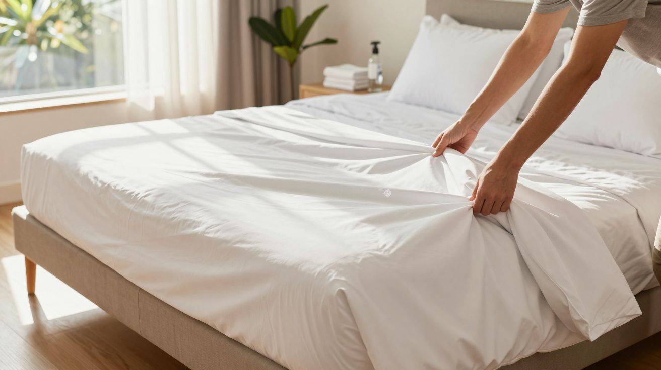Pessoa arrumando cama com lençol branco em quarto iluminado por luz natural durante o dia.