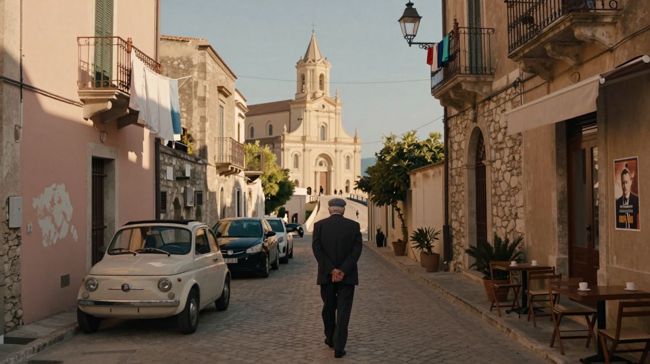 Homem idoso caminhando sozinho por rua estreita com carros e igreja no fundo em dia ensolarado.