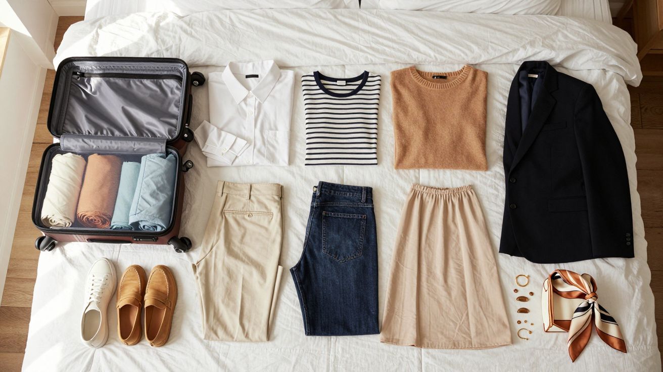 Mala aberta com roupas dobradas e organizadas, incluindo camisa, suéter, calças, sapatos e acessórios sobre cama.