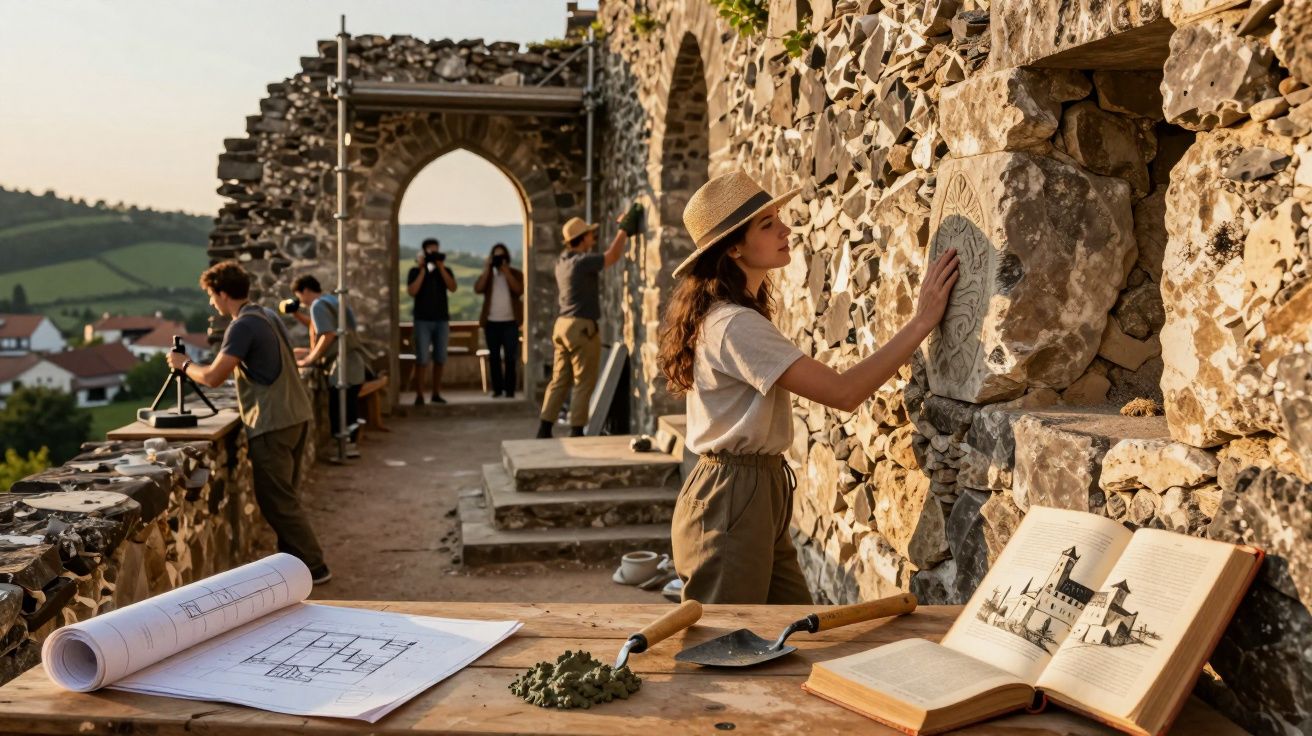 Equipe de arqueólogos trabalhando na restauração e estudo de muralha antiga em sítio histórico.