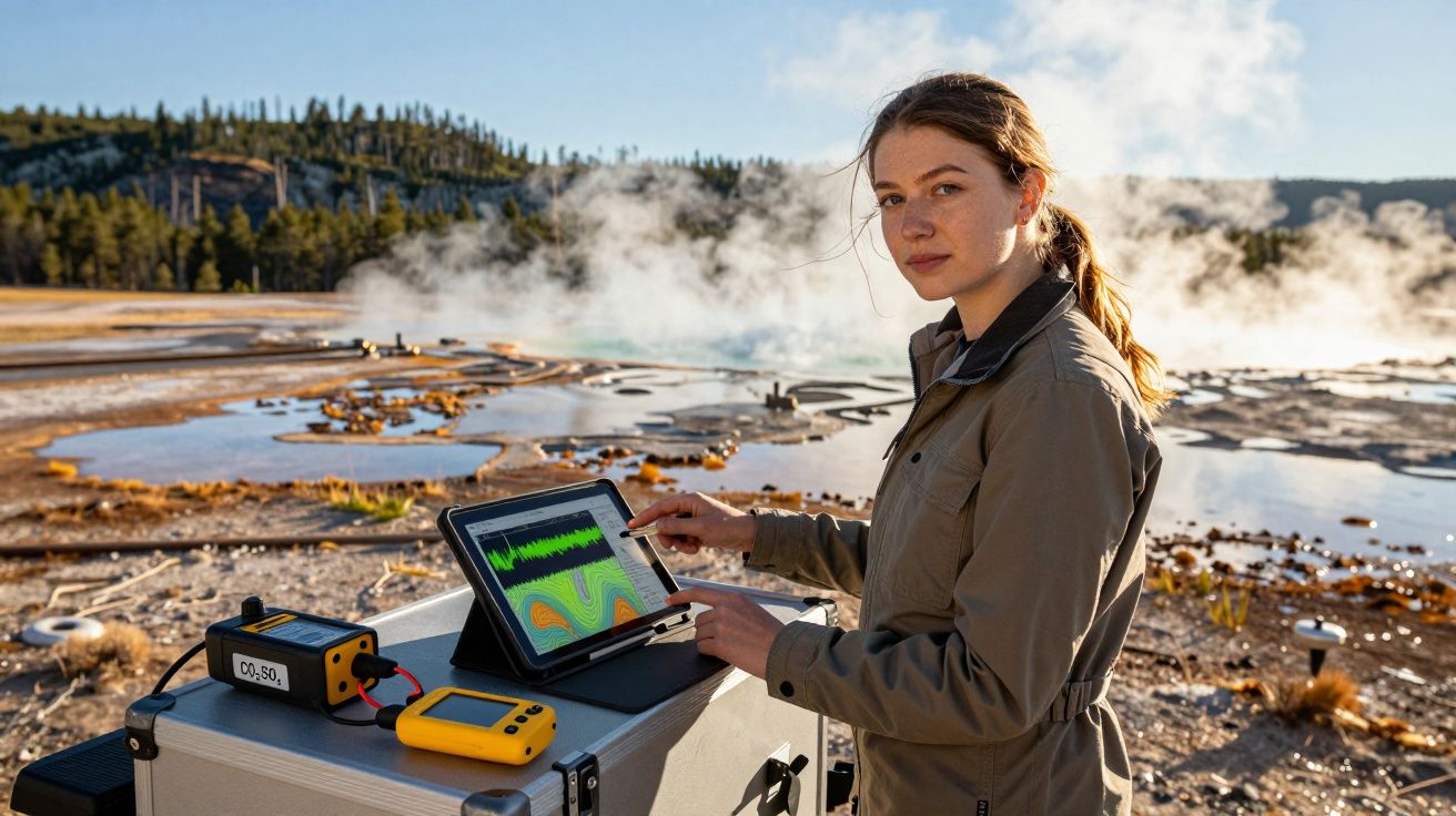 Mulher com tablet analisando dados geotérmicos perto de fontes termais com vapor e vegetação ao fundo.