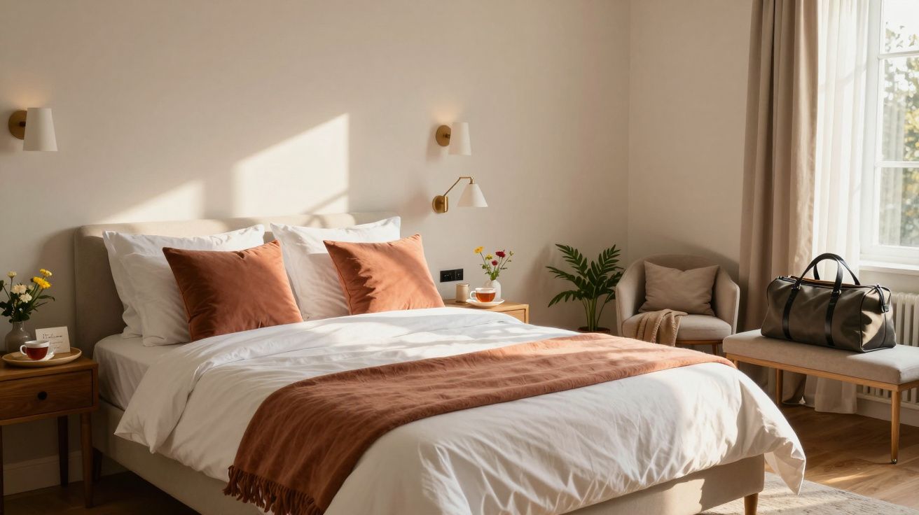 Quarto minimalista com cama de casal com roupa de cama branca e detalhes em terracota, abajures e janela iluminando.