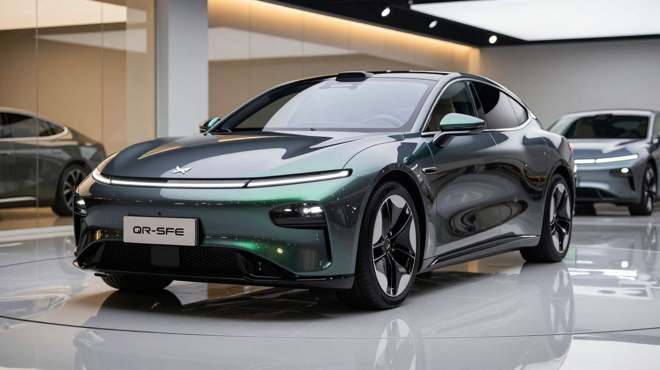 Carro elétrico cinza escuro com design moderno exposto em showroom elegante e iluminado.