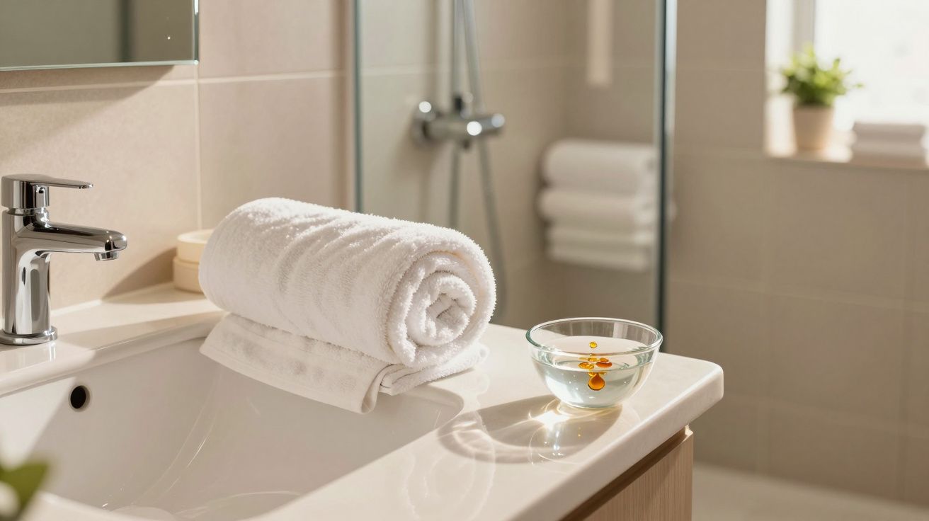 Toalhas brancas enroladas e um pequeno recipiente de vidro sobre bancada de pia em banheiro iluminado.