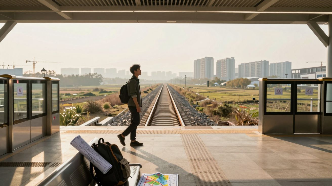 Estação de trem com jovem de mochila caminhando e vista da linha férrea em direção a prédios ao fundo.