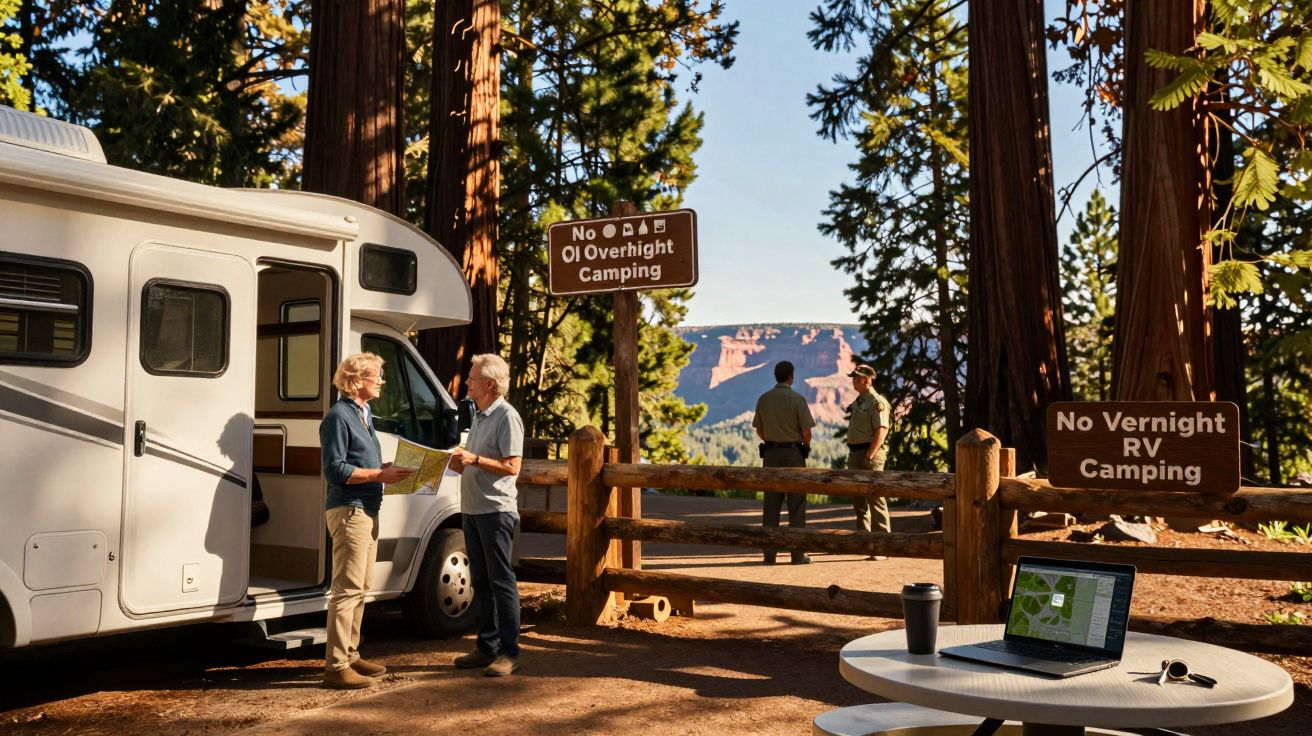 Casal com mapa junto a trailer em área de camping cercada por árvores e placa proibindo pernoite para RVs.