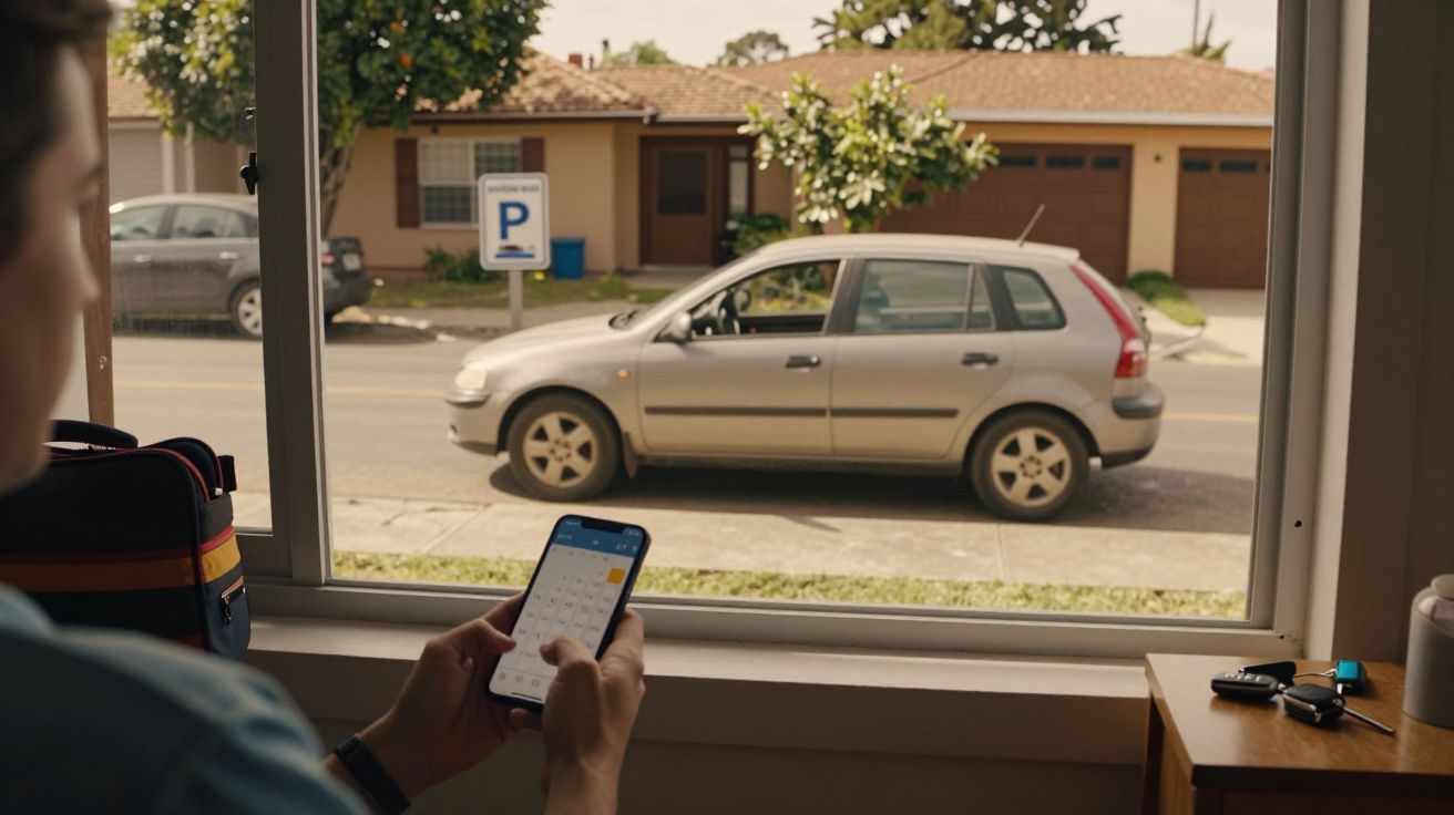 Pessoa usando celular dentro de casa olhando para um carro prata estacionado na rua em frente à janela.