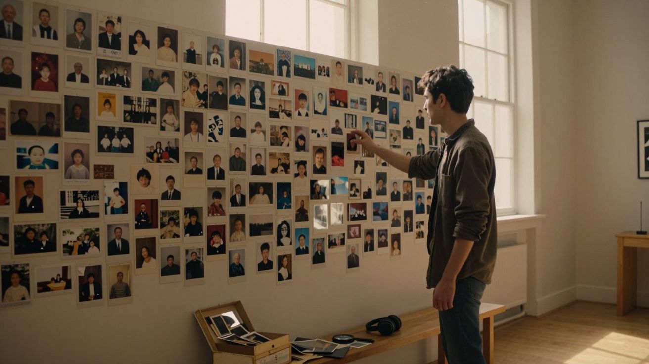 Homem olhando para uma parede cheia de fotos de pessoas em ambiente iluminado por janela.