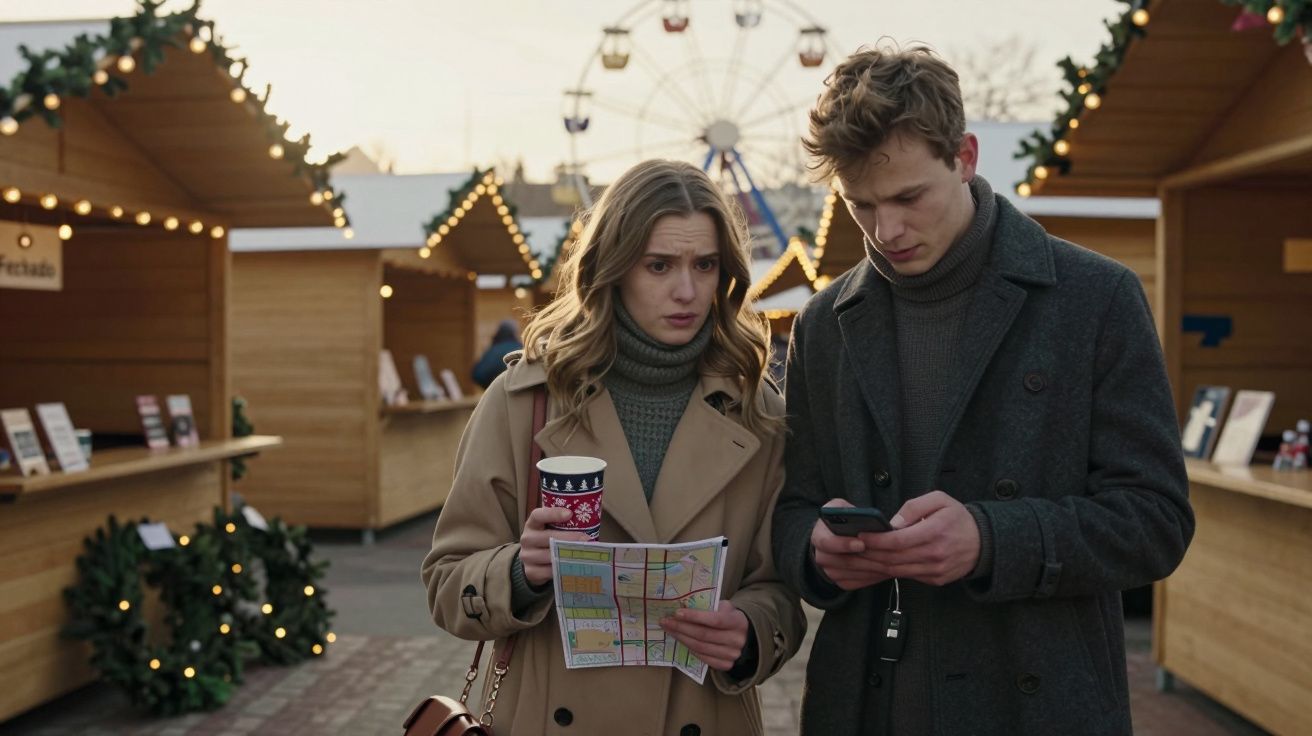 Casal jovem em mercado ao ar livre, ela consulta mapa, ele usa celular, decoração natalina ao fundo.