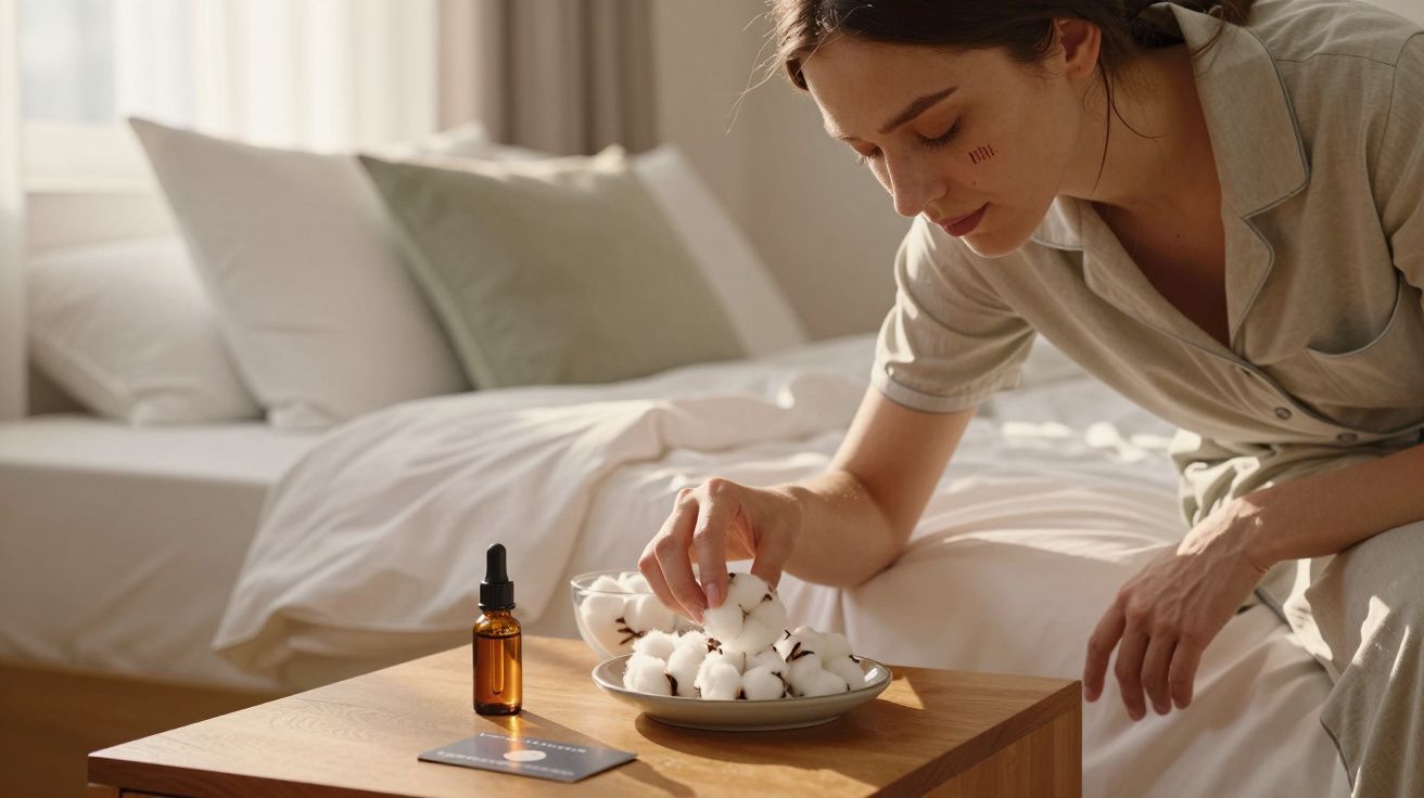 Mulher em pijama mexe em algodão em prato sobre mesa ao lado da cama em quarto iluminado.
