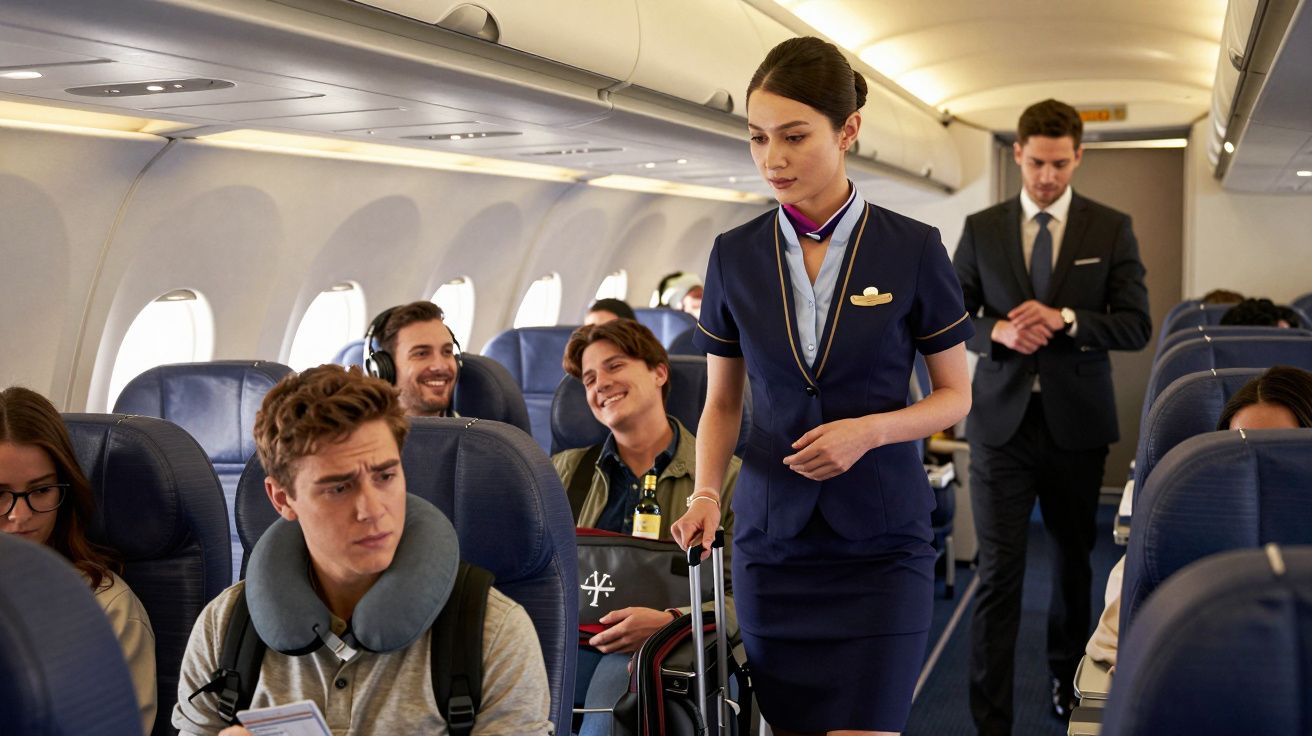 Comissária de bordo caminhando pelo corredor de avião, passageiros sentados nas poltronas.