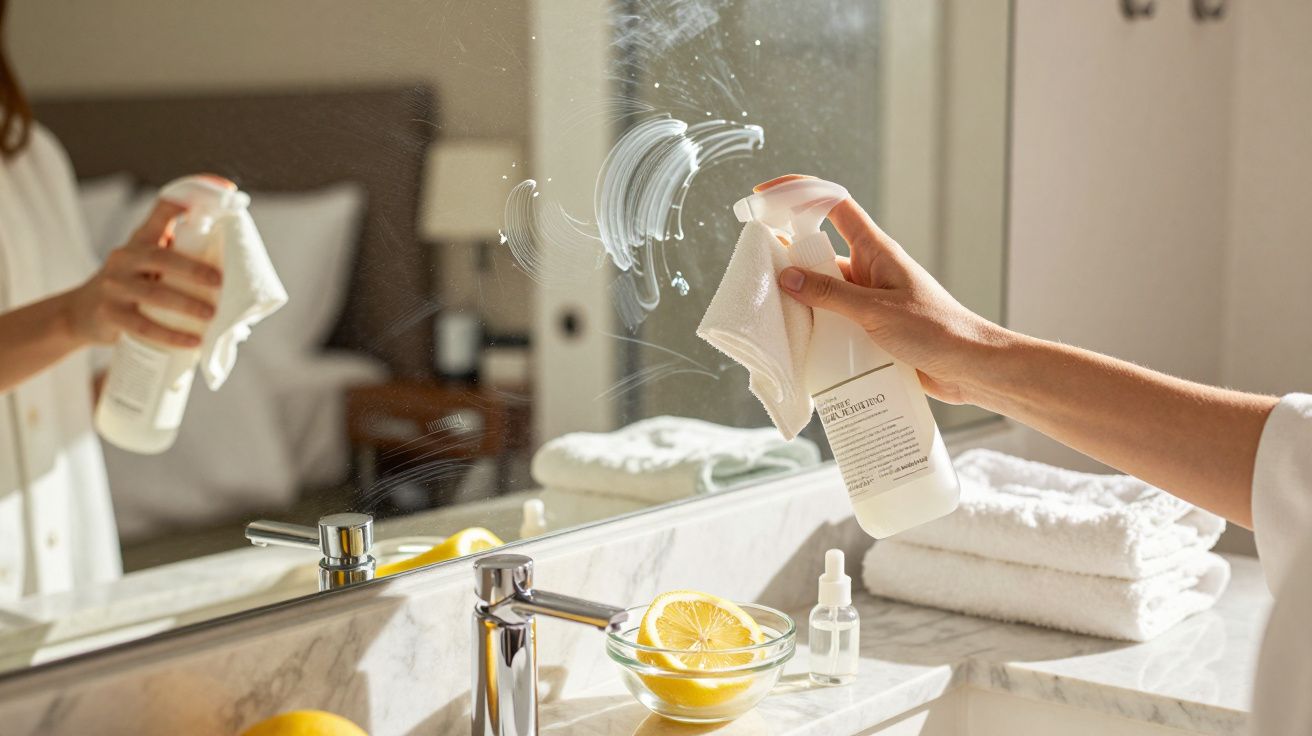 Pessoa limpando espelho do banheiro com spray e pano branco, pia com limão e toalhas dobradas ao fundo.
