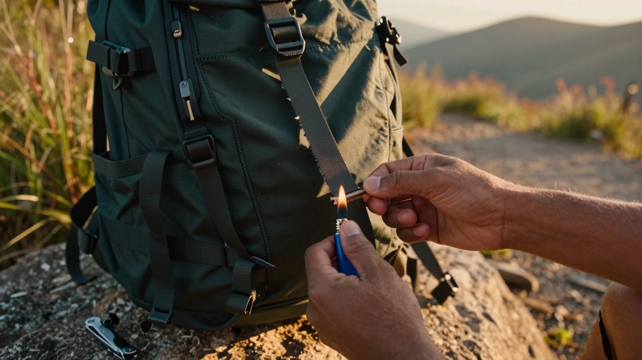 Pessoa segurando um isqueiro aceso perto de uma mochila verde em ambiente ao ar livre ao entardecer.