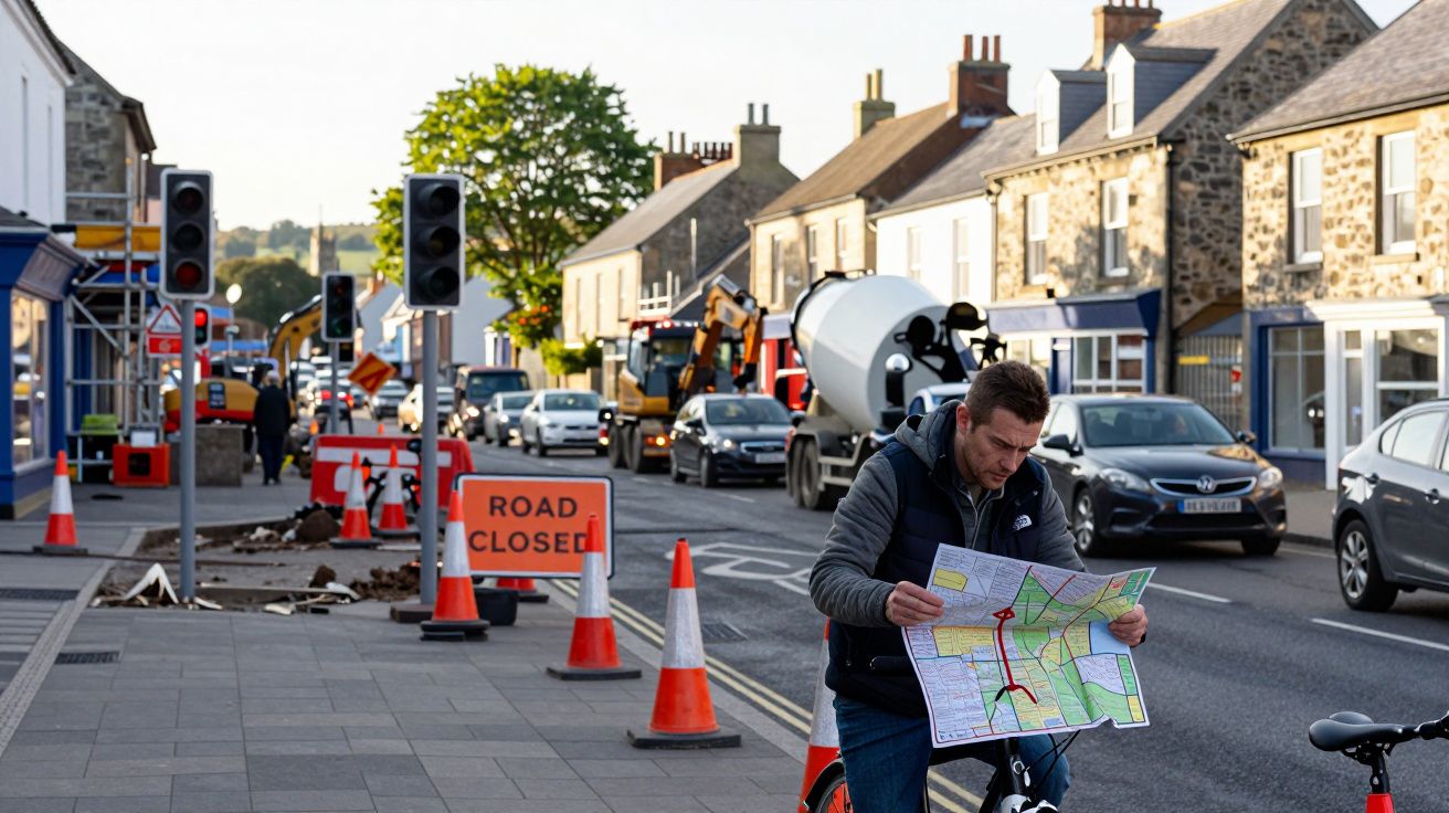 Homem com bicicleta olhando mapa em rua com obras e sinalização de via bloqueada.