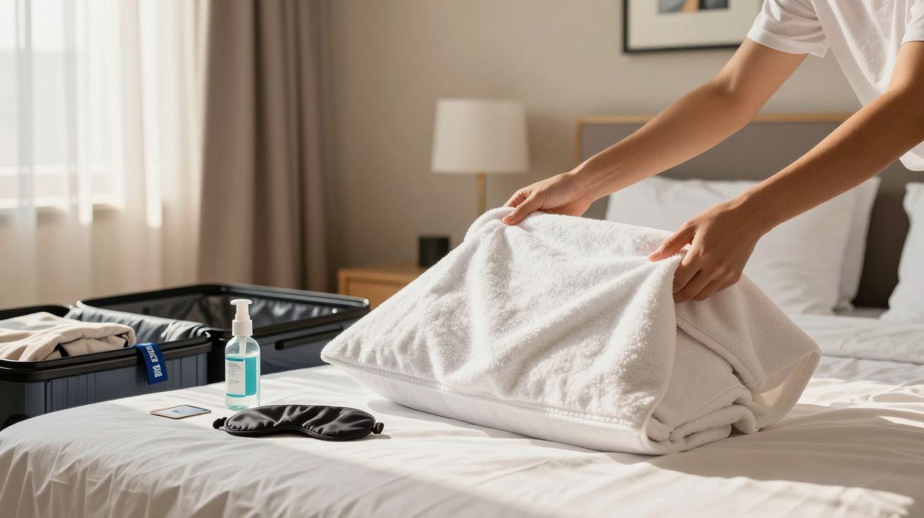 Pessoa dobrando toalha branca sobre cama em quarto com mala aberta e álcool em gel.