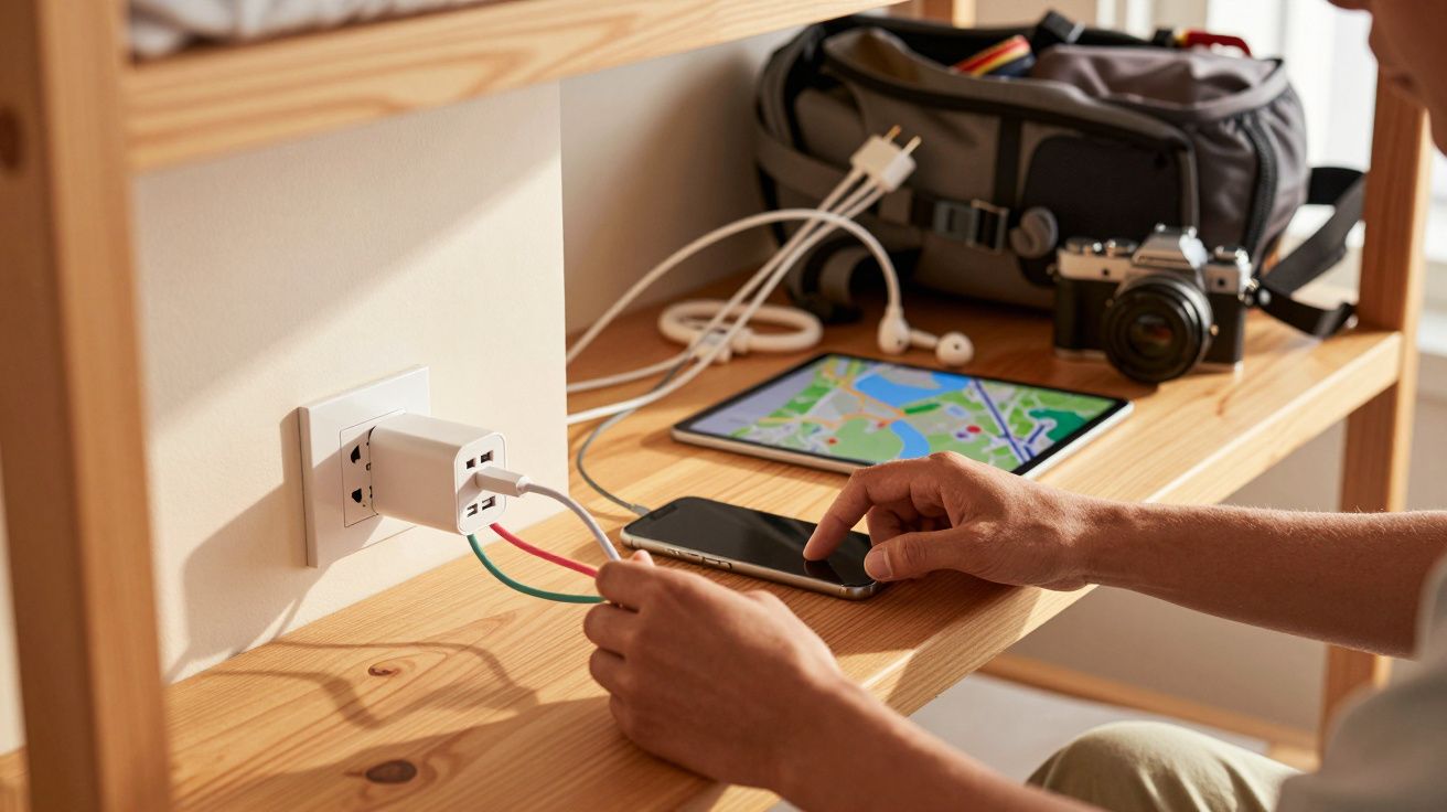 Pessoa conectando cabos USB em carregador de parede, com celular e tablet perto em mesa de madeira.