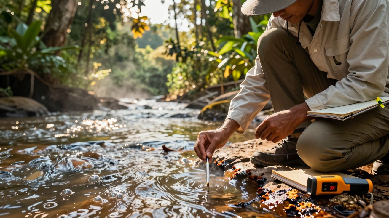 Pesquisador coletando amostra de água em riacho, usando equipamento e anotando dados em caderno.