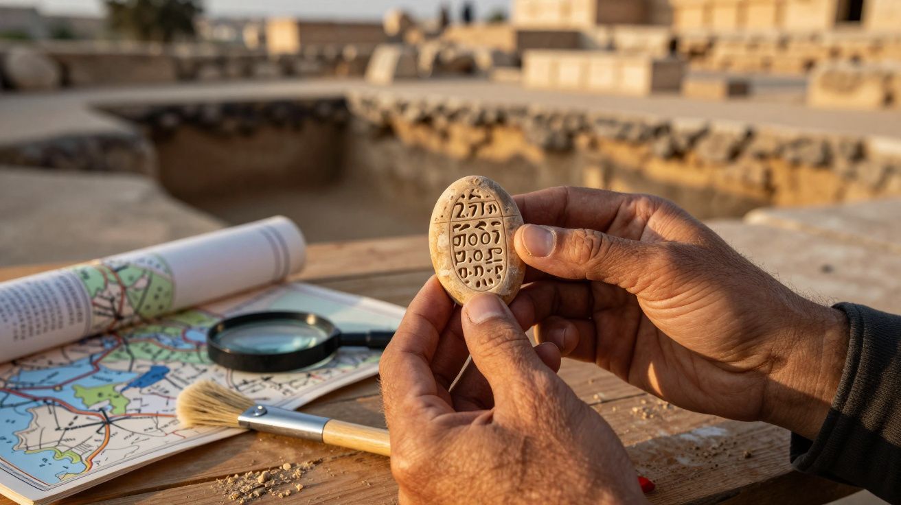 Mãos seguram pedra com inscrições antigas, ao fundo lupa, pincel e mapa arqueológico sobre mesa de madeira.