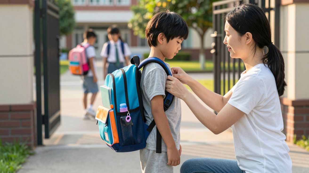 Mãe ajeitando mochila de menino antes de entrar na escola, com outras crianças ao fundo.