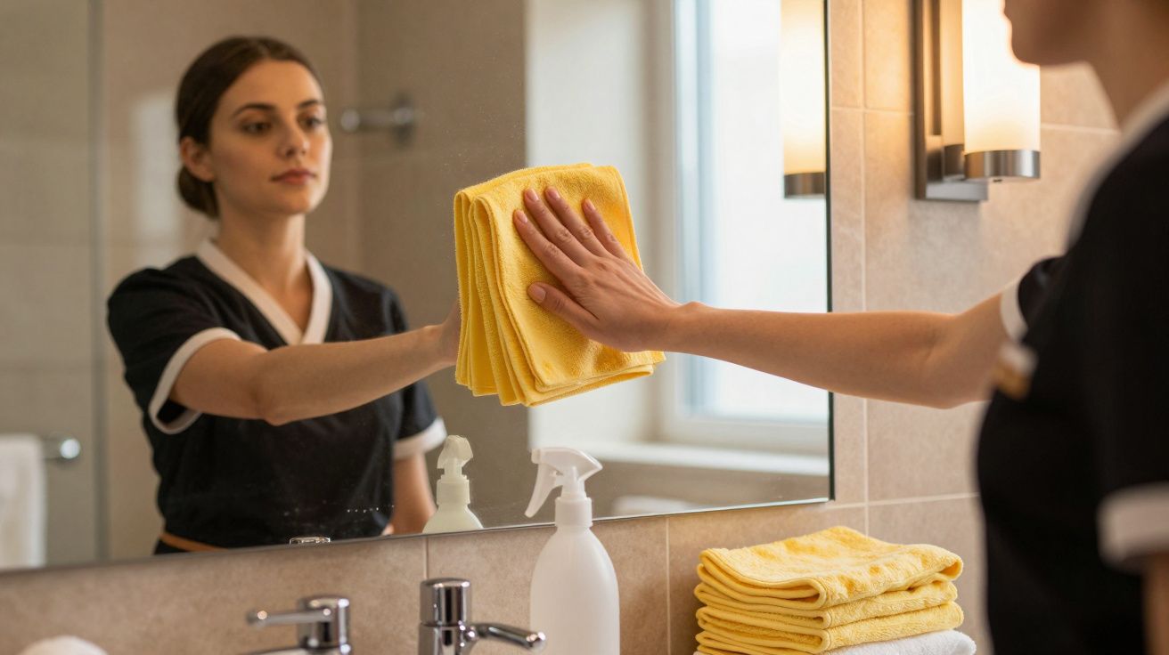 Mulher vestida de uniforme preto limpando espelho do banheiro com pano amarelo.