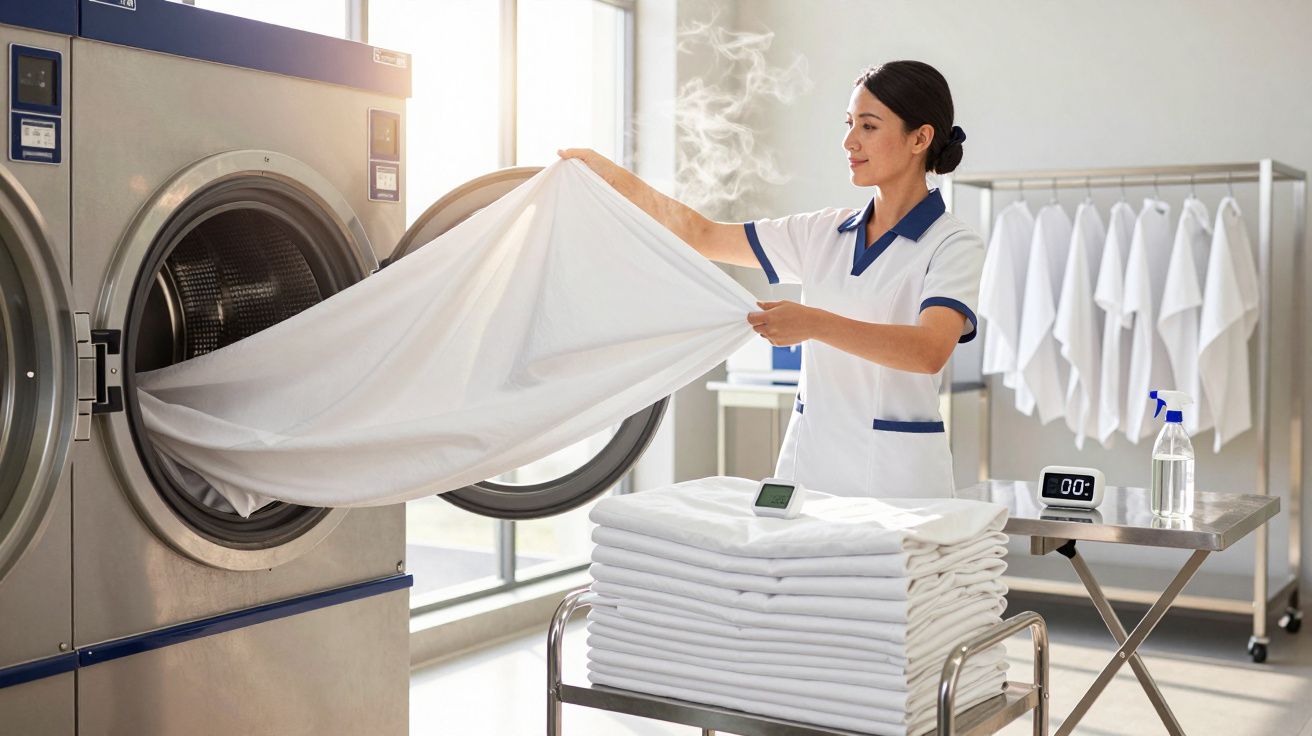 Mulher tirando lençol branco quente de máquina industrial de lavanderia com pilha de roupas dobradas.