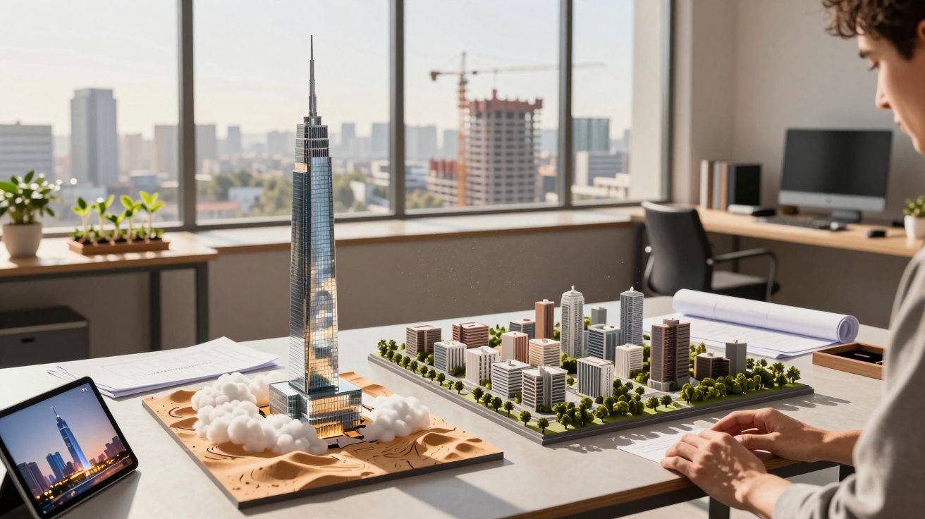 Pessoa analisando maquete arquitetônica com prédios e arranha-céu em escritório moderno.