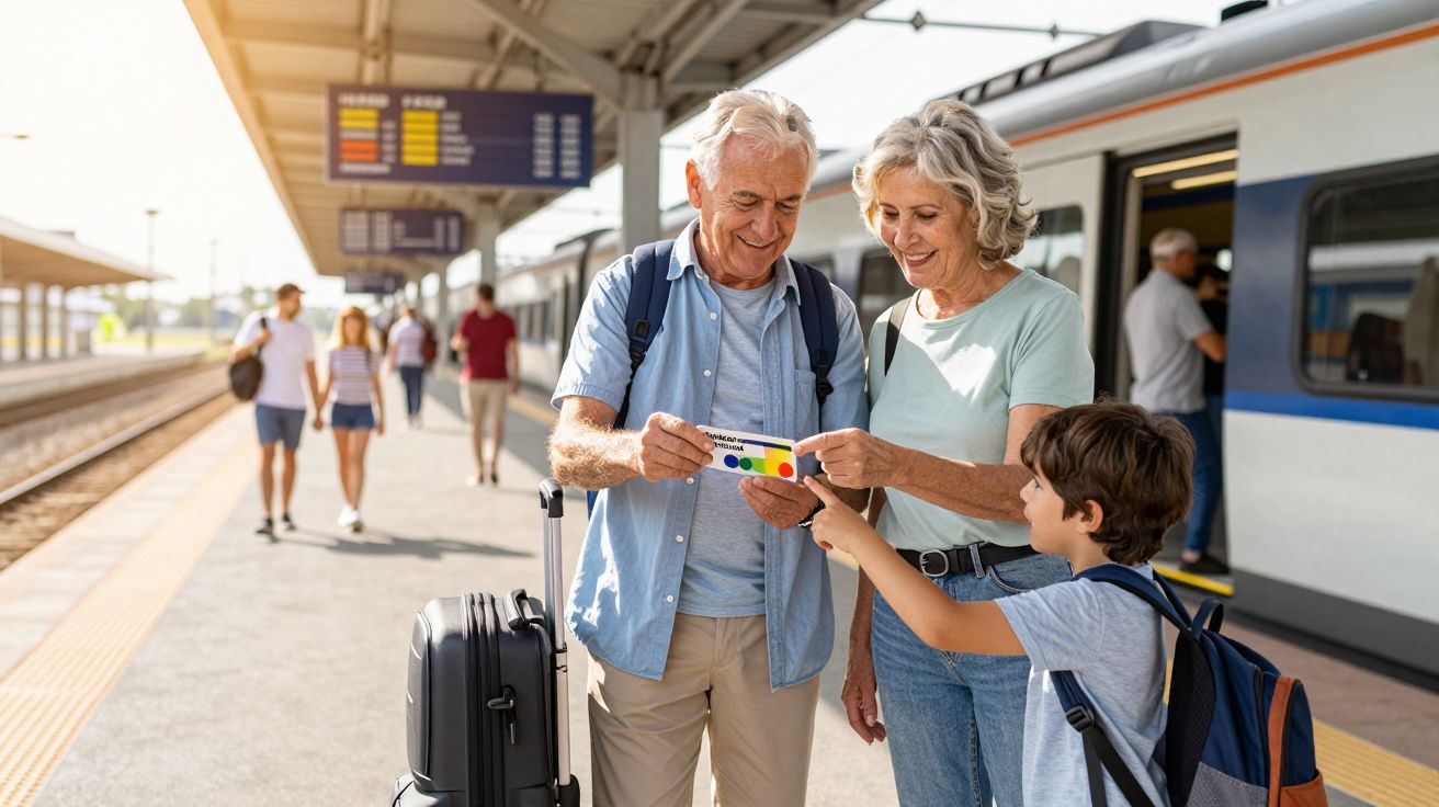 Casal de idosos com criança olhando bilhete na estação de trem ao lado de mala e passageiros ao fundo.