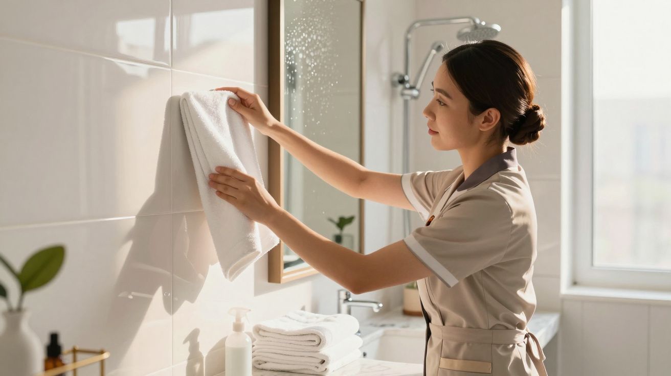 Mulher limpando azulejos do banheiro com pano branco, ao lado de pia com toalhas dobradas e sabonete líquido.
