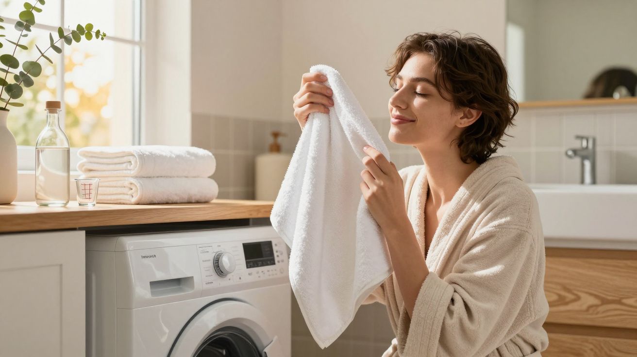 Mulher em roupão segurando e cheirando toalha branca limpa ao lado de máquina de lavar em banheiro claro.