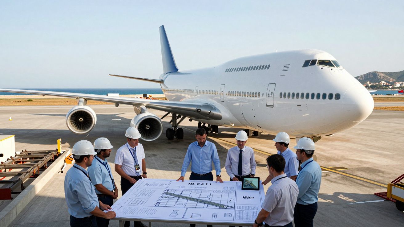 Equipe de engenheiros com capacetes analisando projeto na pista em frente a um avião comercial estacionado.