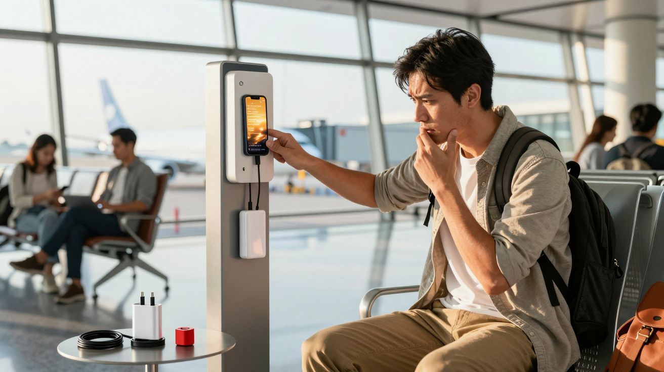 Jovem carregando celular em estação de carregamento em aeroporto, com mochila preta nas costas.