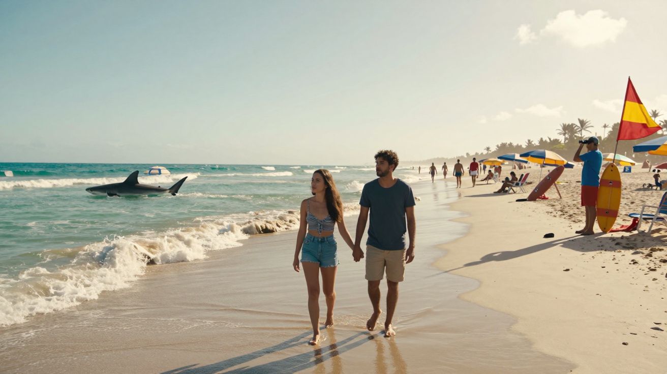 Casal caminhando de mãos dadas na praia enquanto salva-vidas observa o mar com barco tubarão ao fundo.