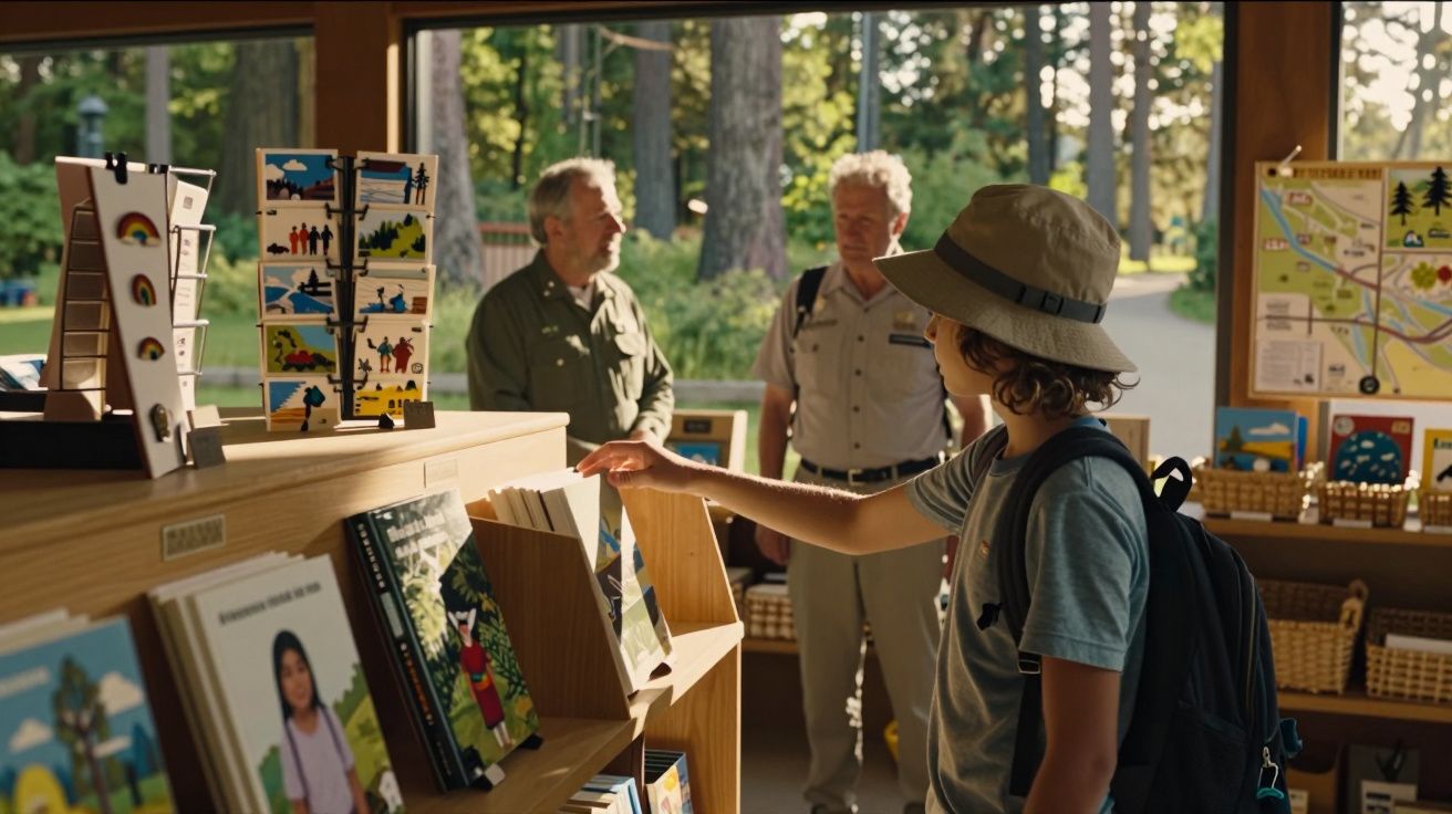 Criança com chapéu e mochila escolhe livro em loja de parque enquanto dois funcionários conversam ao fundo.