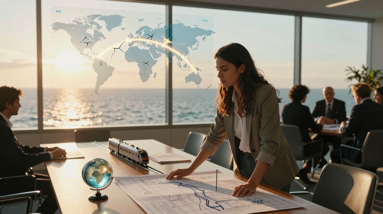 Mulher analisa mapa em escritório moderno com vista para o mar e colegas em reunião ao fundo.