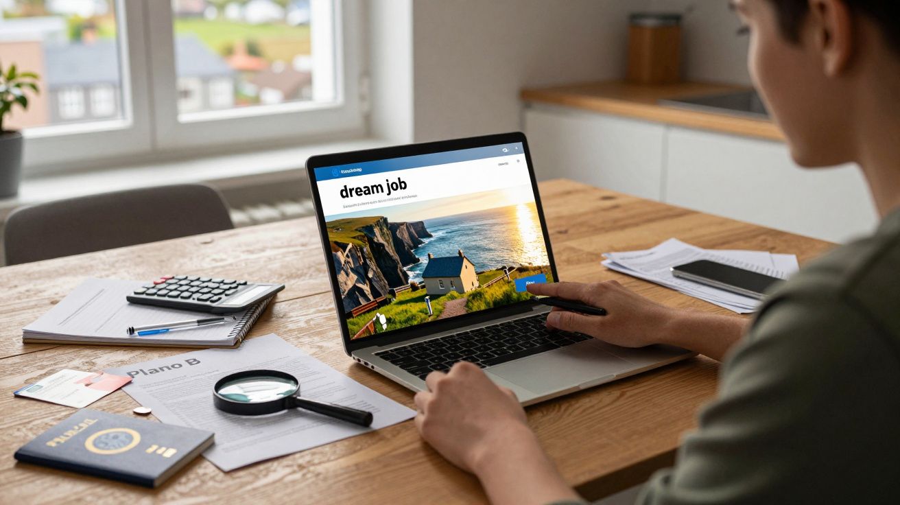 Pessoa usando laptop com a tela mostrando "dream job" e documentos sobre plano B na mesa de madeira.