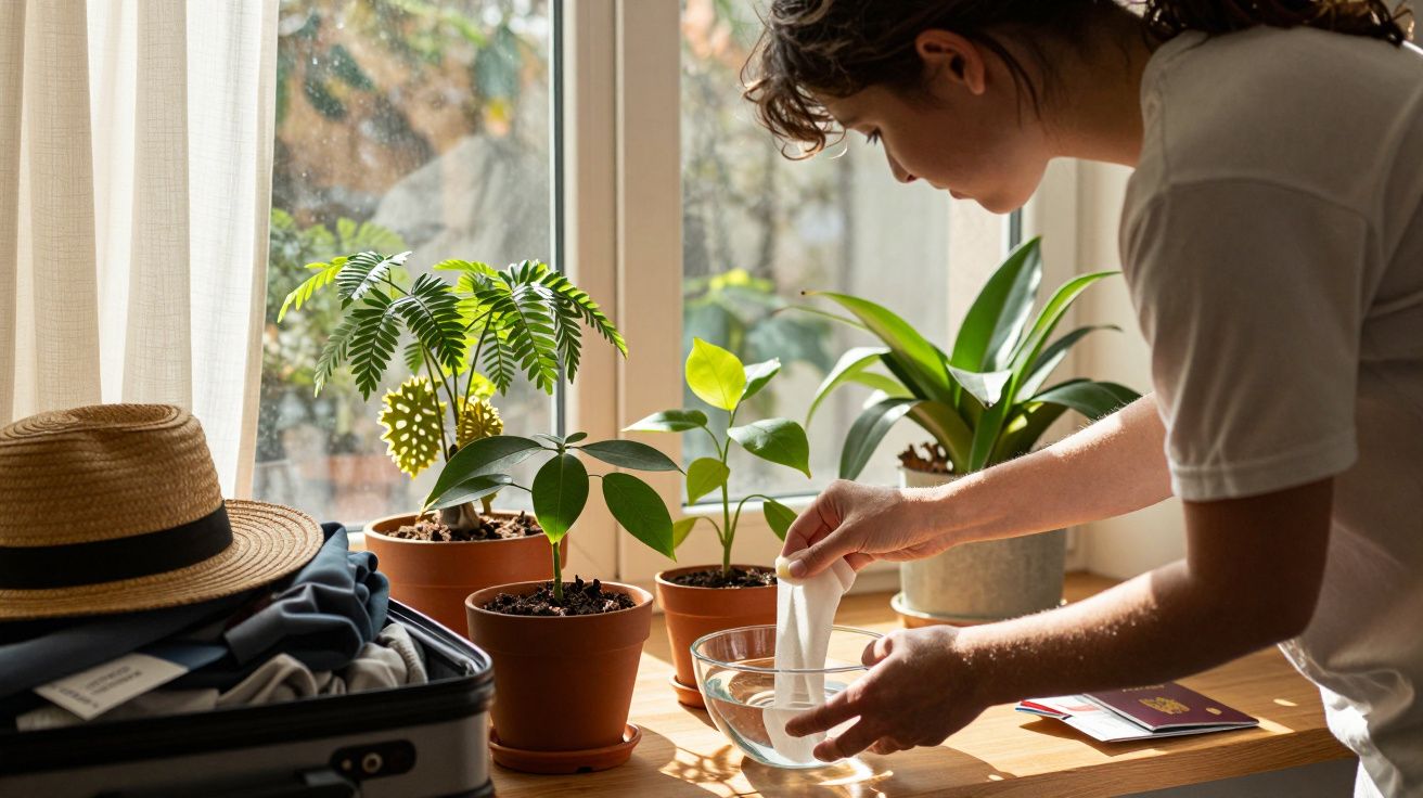 Pessoa molhando vaso com plantas ao lado de mala aberta e chapéu em mesa perto da janela ensolarada.