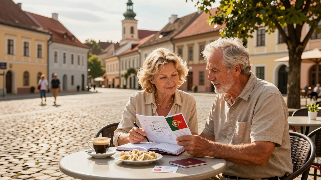Casal idoso revisando documentos com a bandeira de Portugal, sentado em mesa de café ao ar livre.