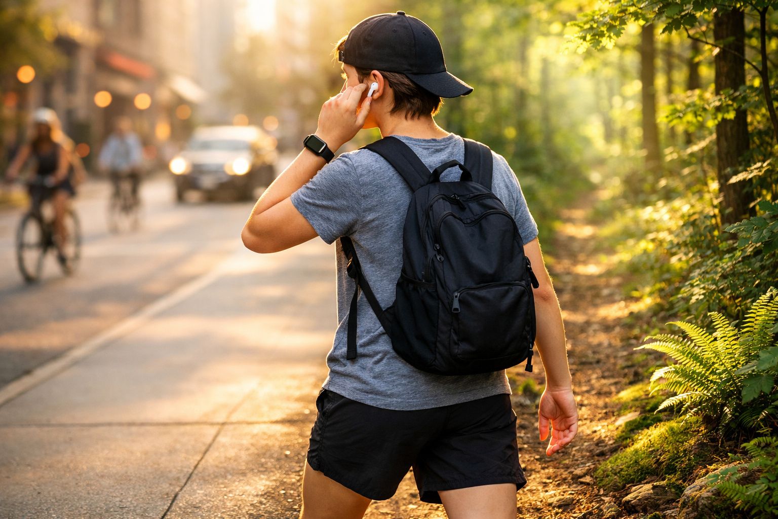 Pessoa com mochila preta e boné escuro colocando fone de ouvido na orelha em caminho iluminado pelo sol.