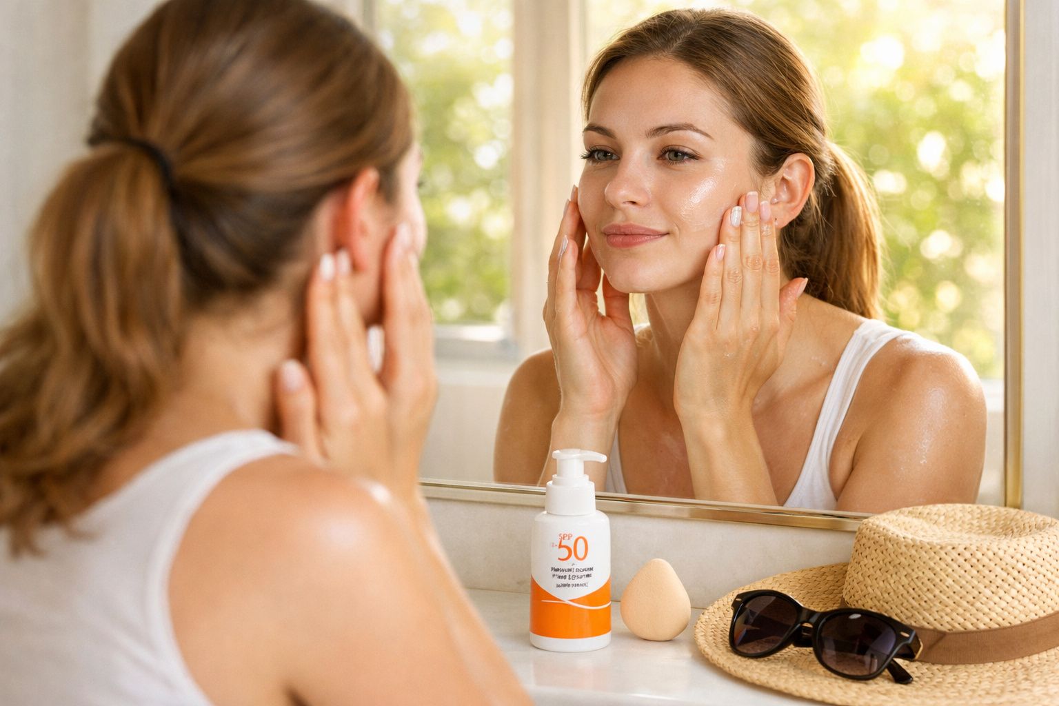 Mulher aplicando protetor solar no rosto em frente ao espelho com chapéu e óculos na bancada.