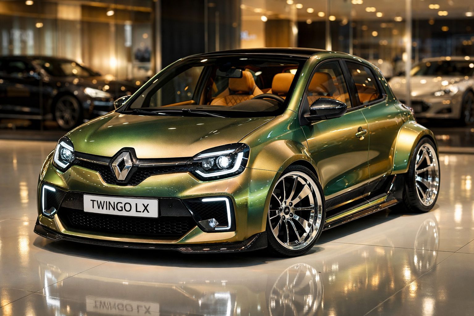 Carro Renault Twingo LX verde metálico com rodas esportivas e interior marrom luxuoso em showroom iluminado.