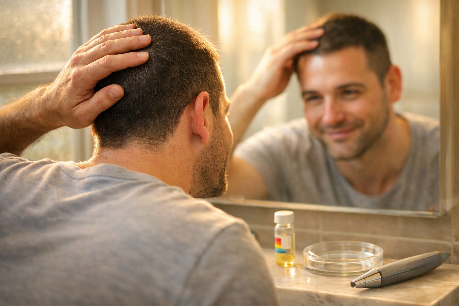 Homem olhando no espelho e tocando a cabeça, com frasco e utensílio sobre a pia do banheiro.