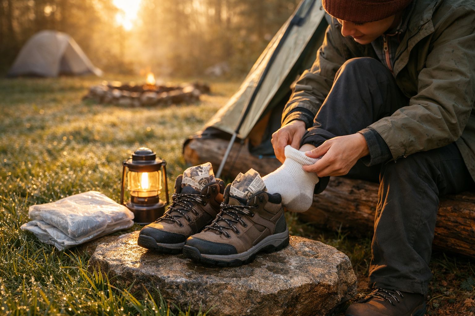 Pessoa vestindo meia ao lado de botas de trilha, lanterna e barraca iluminada pelo pôr do sol em acampamento.