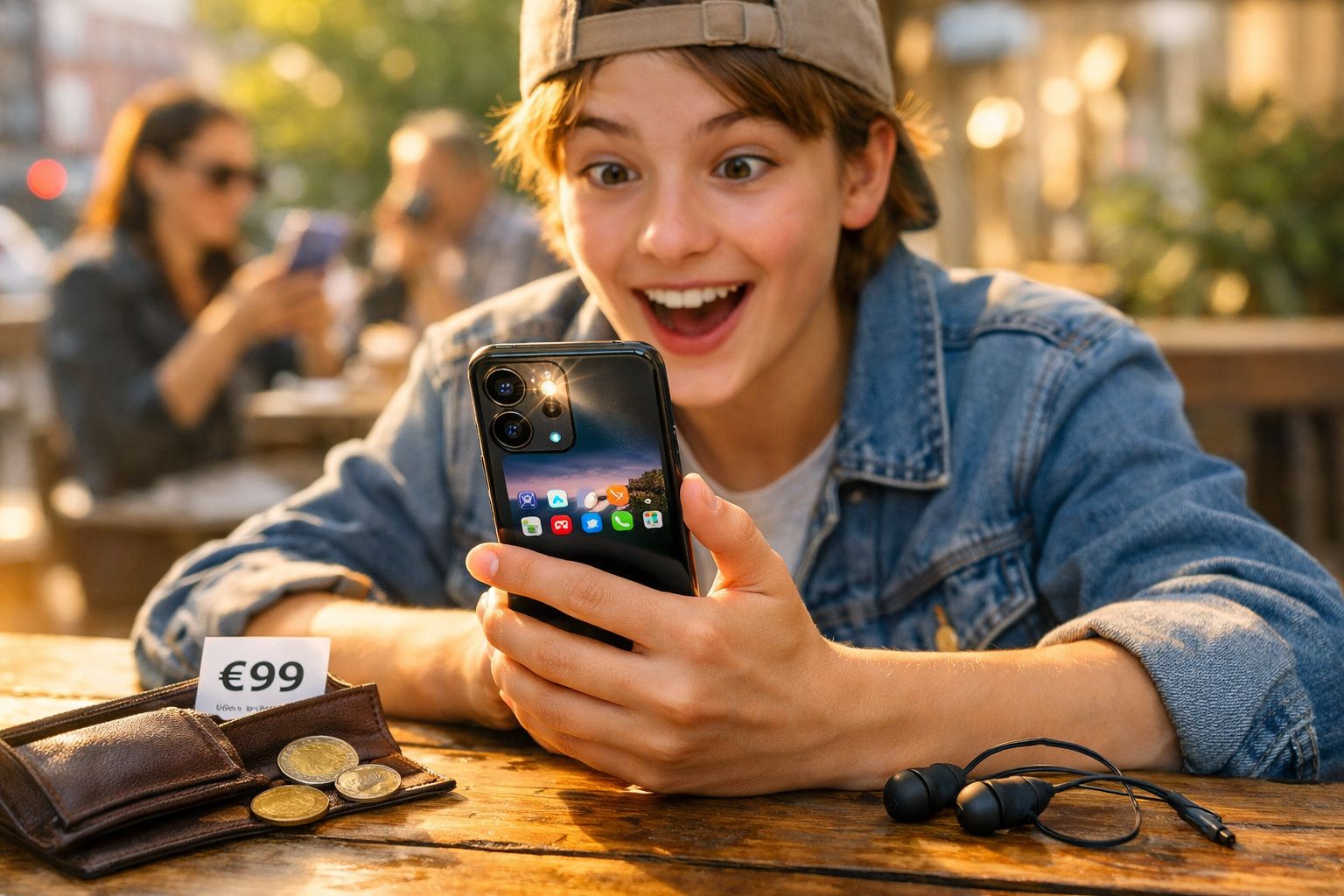 Jovem surpresa olhando para smartphone em mesa com carteira, moedas e etiqueta de preço em café ao ar livre.