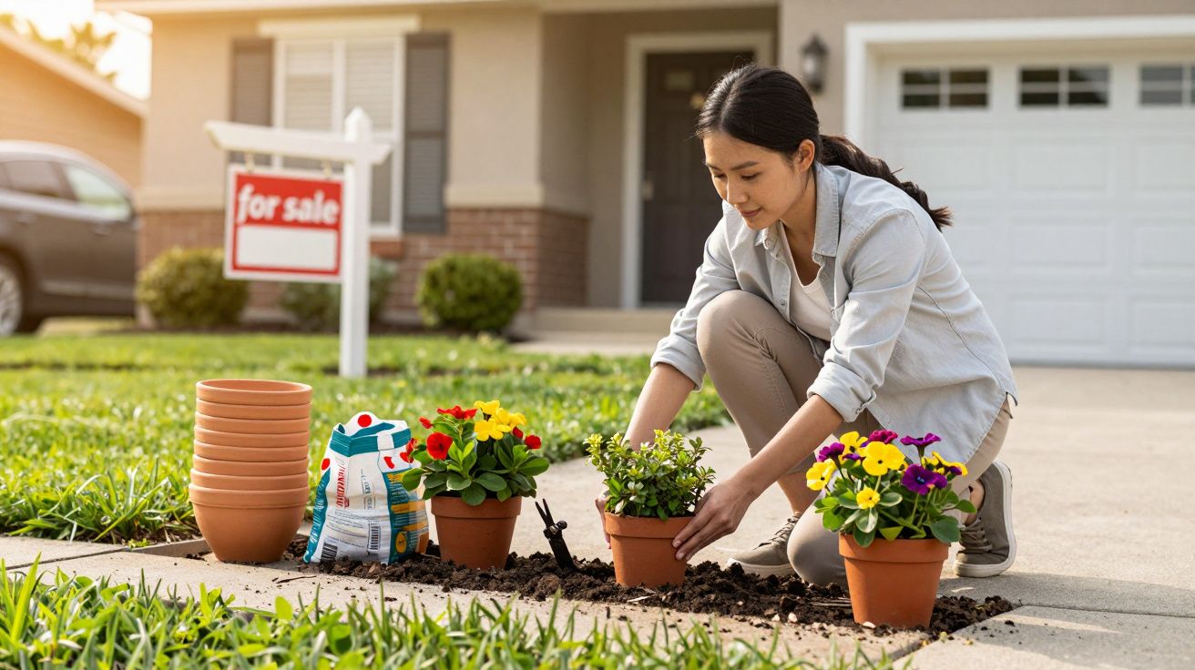 Mulher plantando flores em vasos no jardim de uma casa à venda com placa ao fundo.